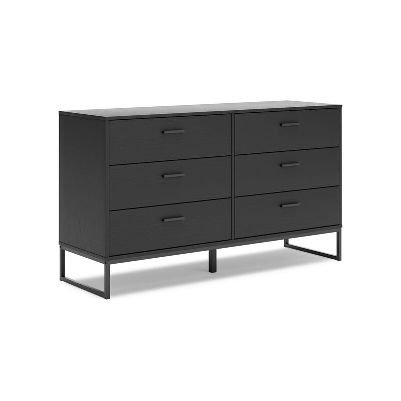 Alli Wide Dresser, 6 Drawers, Matte Black Wood, Metal Base, 59 Inch - Benzara