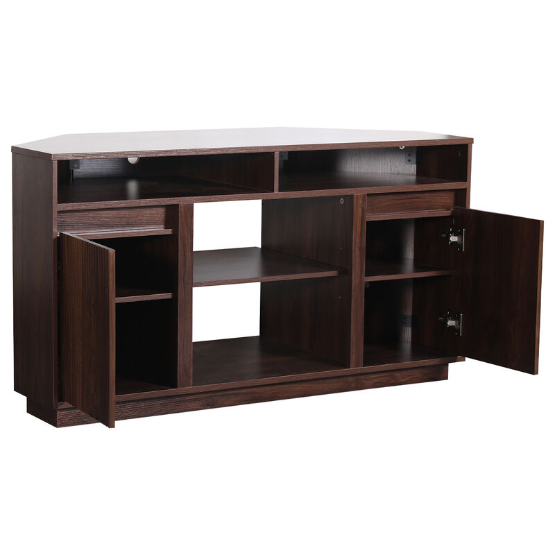 47" Dark Walnut Mid-Century Modern Wood Fluted Door Corner TV Stand Media Console with Open Shelf and Cabinet for TVs up to 50" image number 6