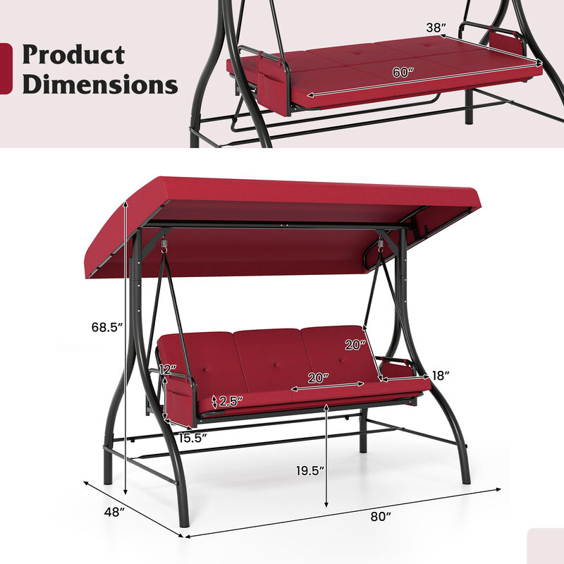 Outdoor Swing with Canopy, Cushions, and Convenient Side Pockets for Storage-Burgundy image number 2