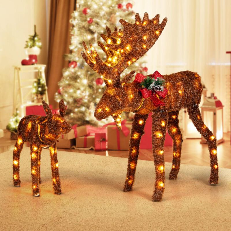Hivvago 2 Pieces Lighted Moose Family with 170 LED Lights and Zip Ties