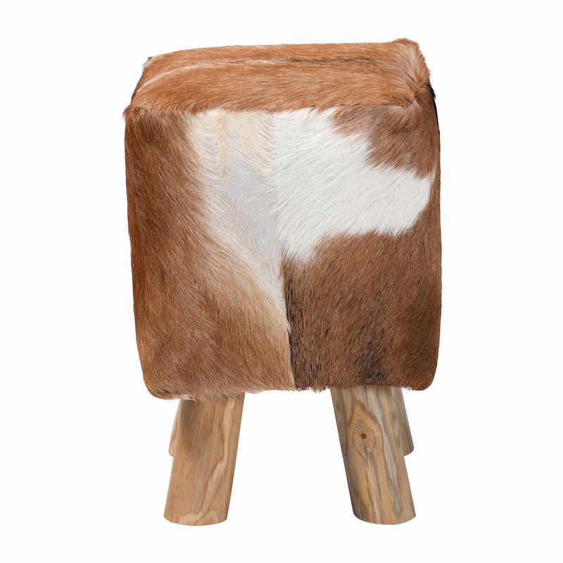 bali & pari Scotlyn Genuine Goat Leather Footstool with Teak Wood Legs - Rustic Boho Accent Seat with Natural Hide Upholstery, Handmade Decorative Footrest for Living Room or Bedroom