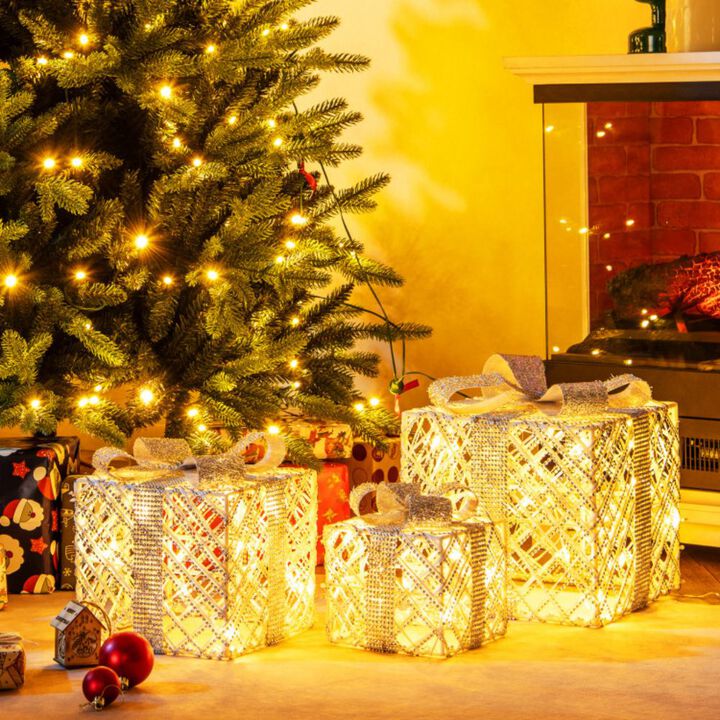3 Pack Christmas Lighted Gift Box with 50 LED Lights and Detachable Bows