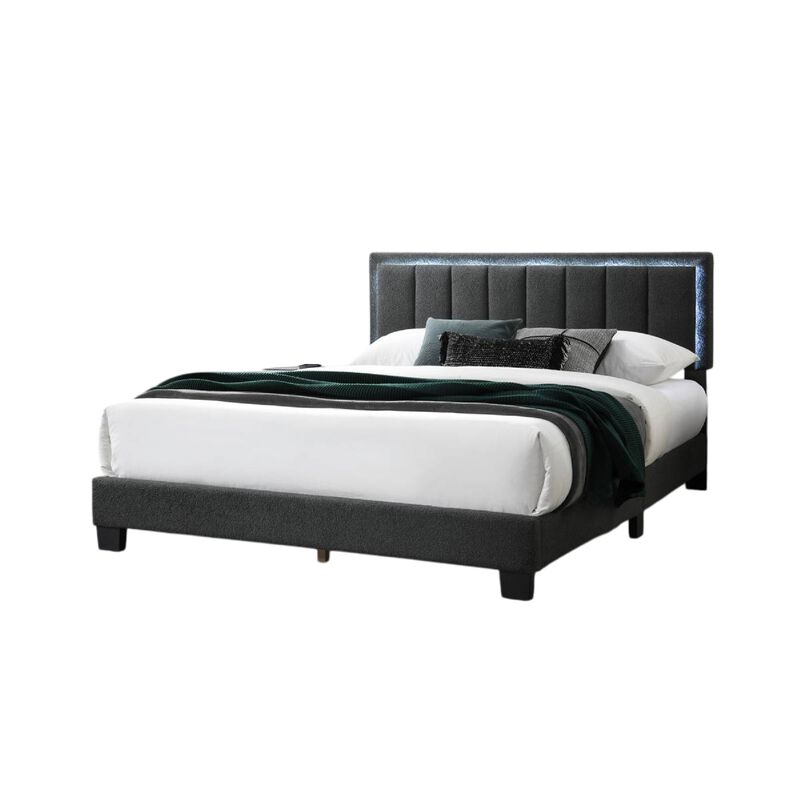 Zemo Queen Size Bed, LED Headboard, Charcoal Gray Wool Upholstery  - Benzara