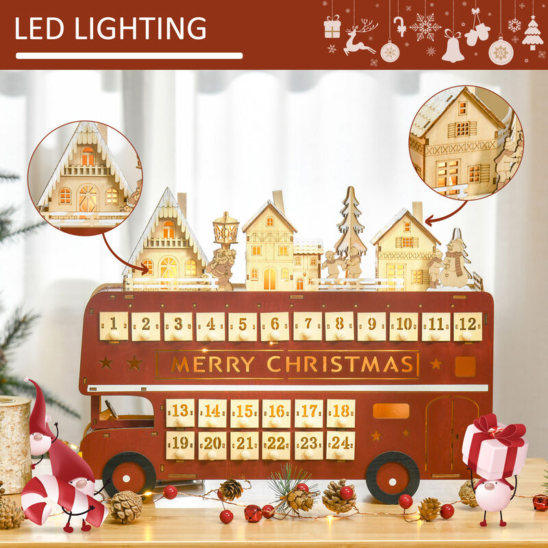 Christmas Advent Calendar, Light Up Wooden Bus Decoration w/ Village & Drawers