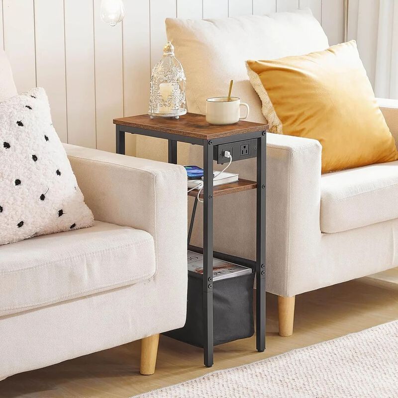 Slim Side Table with Charging Station for Bedroom and Living Room-Brown image number 7