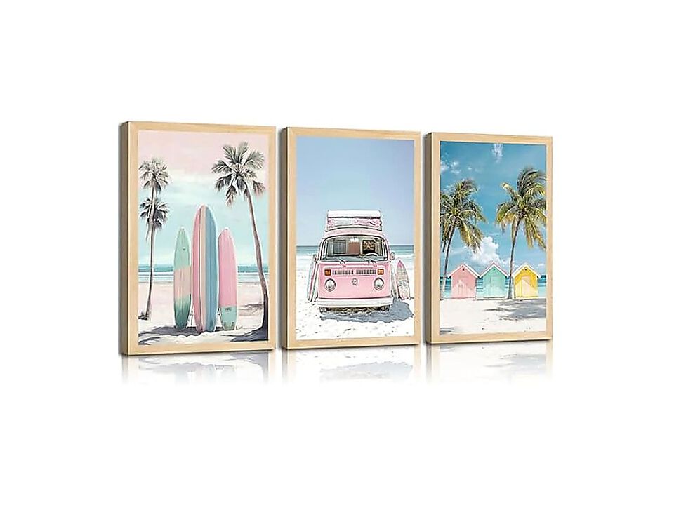3 Pack Pink Beach Wall Art Tropical Teen Girl Coastal Canvas Poster Surfboard