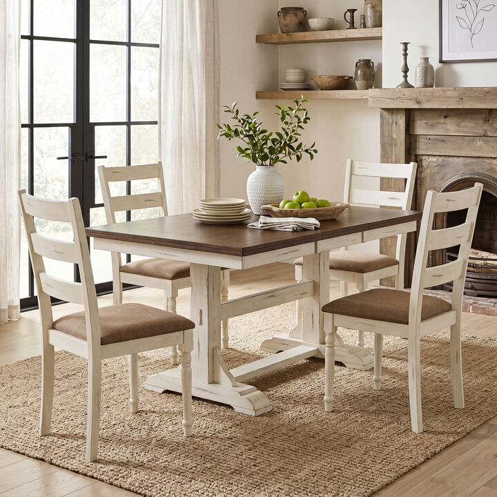 Wooden Dining Room Chairs Set of 4 with Linen Upholstered Seats and Slatted Backs-White