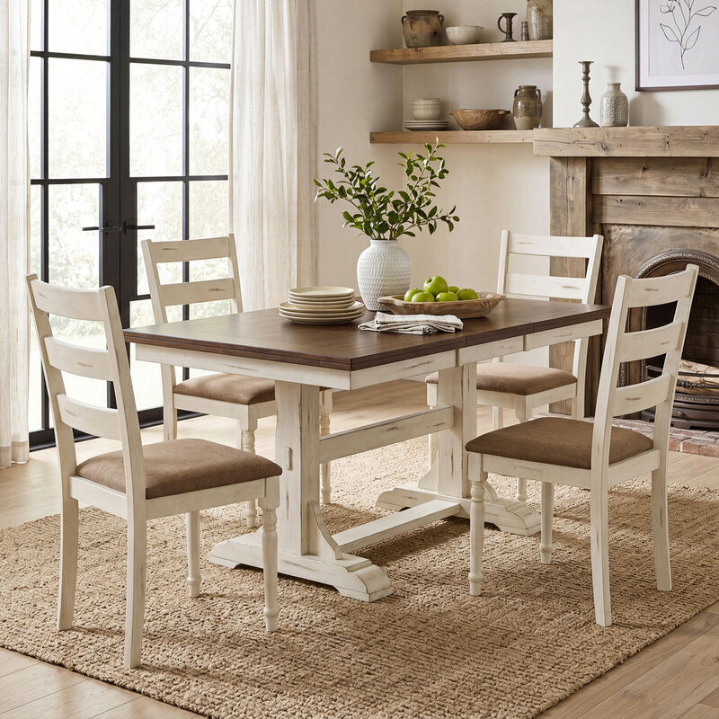 Wooden Dining Room Chairs Set of 4 with Linen Upholstered Seats and Slatted Backs-White image number 1