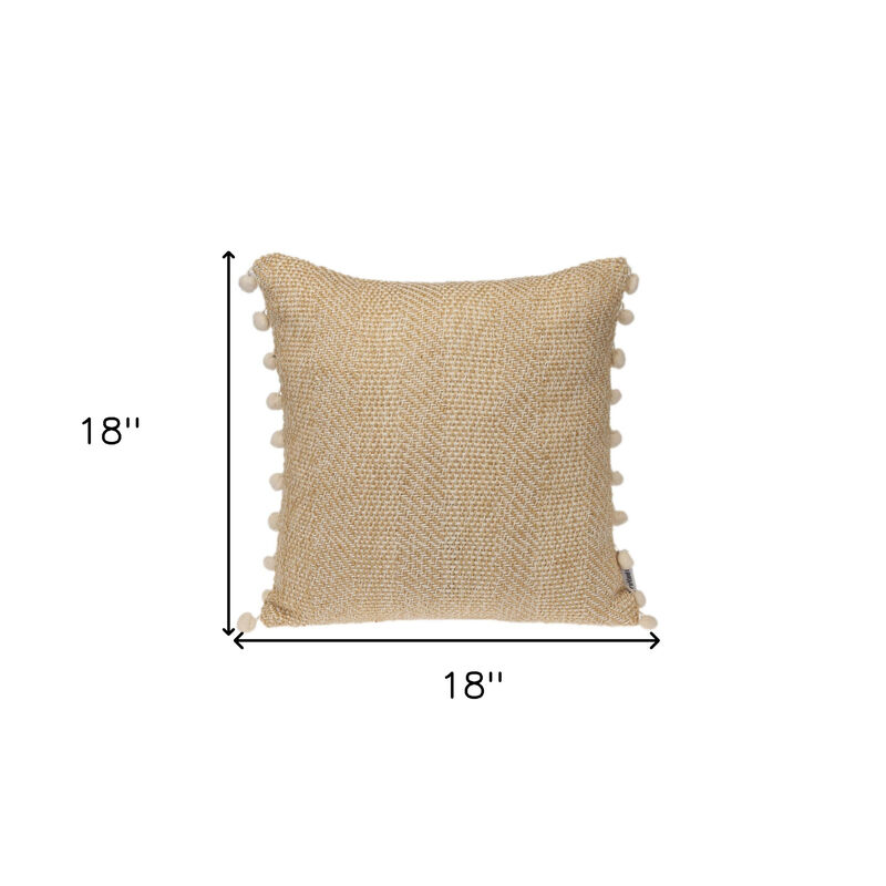 HomeRoots 18" Beige and White Weave Cotton Throw Pillow With Pom Poms image number 4