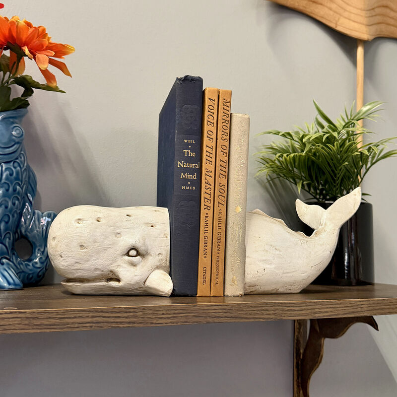 Sperm Whale Head & Tail Resin Bookend Set 10 inch Weathered Off White Coastal image number 9