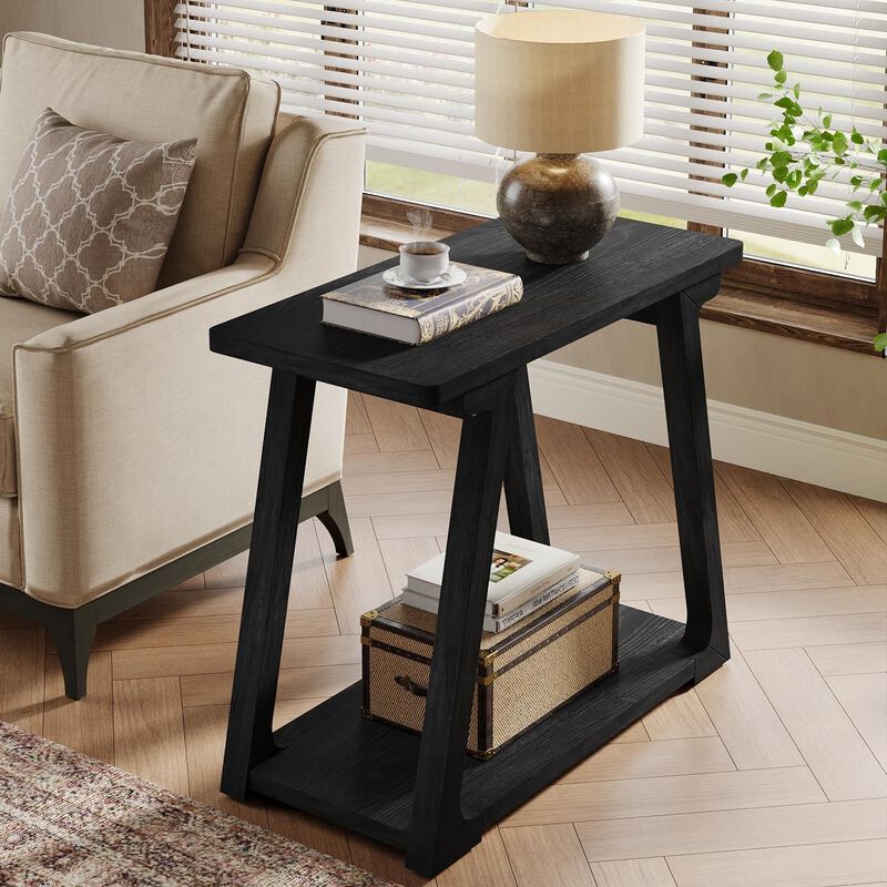 Narrow Solid Fir Wood End Table, 2-Tier Side Table Nightstand with Storage image number 1