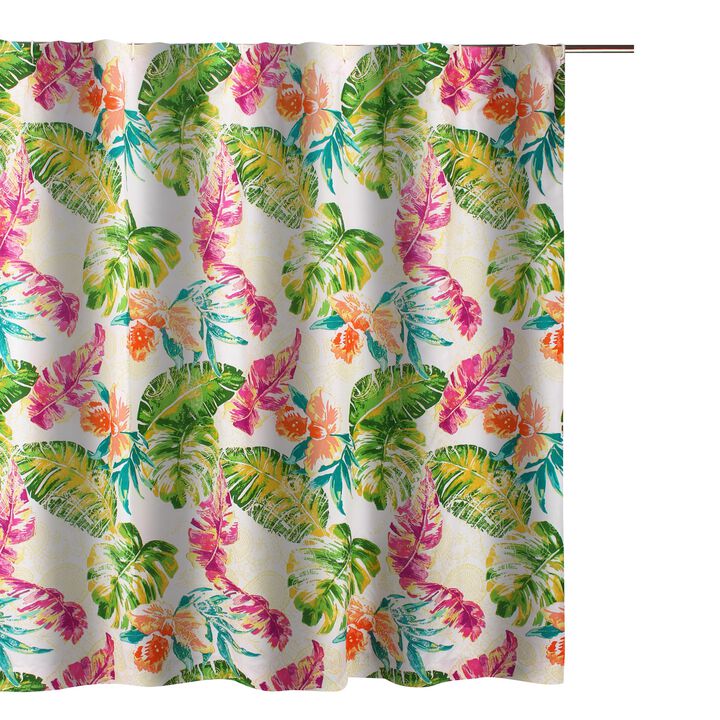Porto 72 Inch Shower Curtain, Tropical Palm Leaves, Vibrant Blue and Green-Benzara