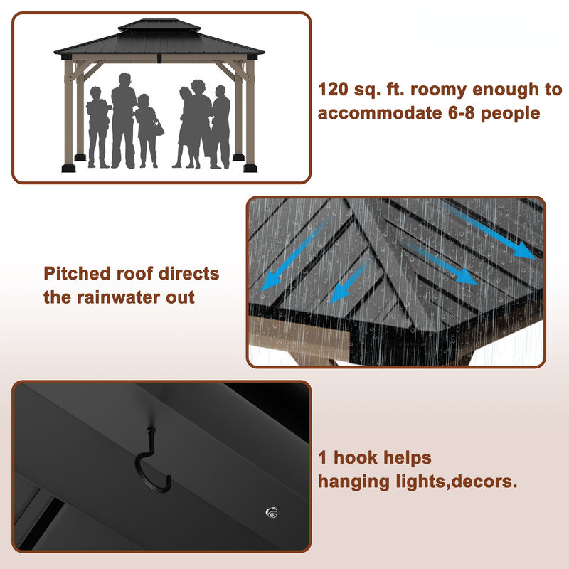 MONDAWE 10 ft. x 12 ft. Outdoor Cedar Wood Frame Outdoor Gazebo Galvanized Steel Hardtop Canopy Outdoor Shade for Deck Garden Concrete Platform