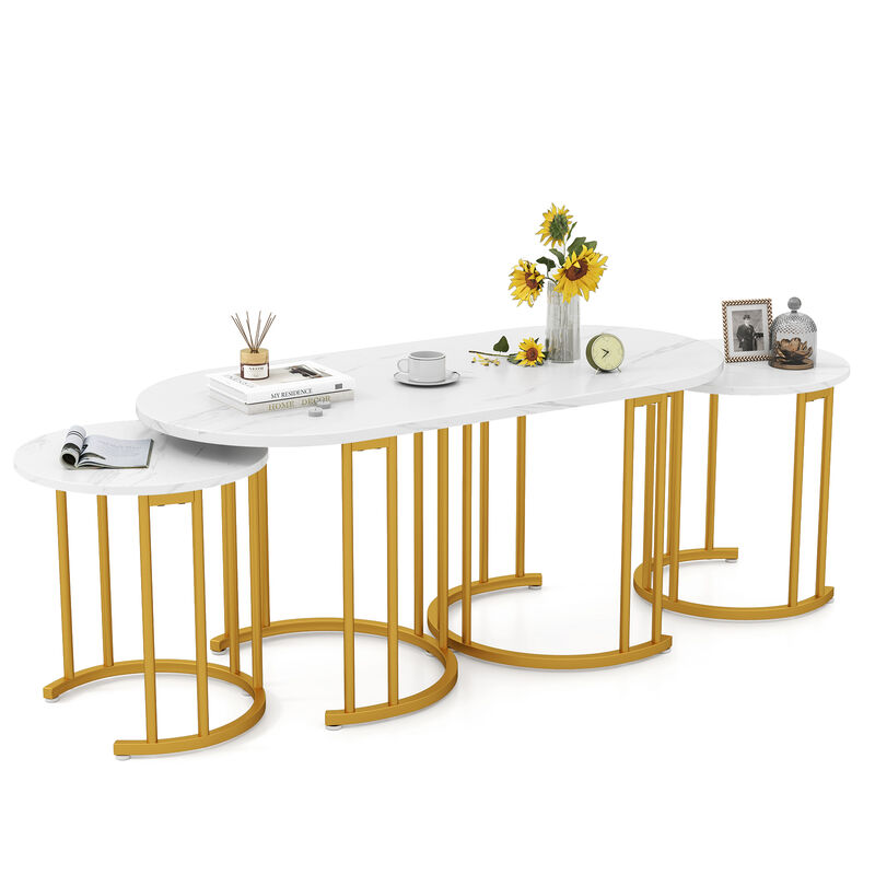 Nesting Coffee Table Set of 3 with Faux Marble Tabletop and Powder-coated Gold Metal Frame image number 5