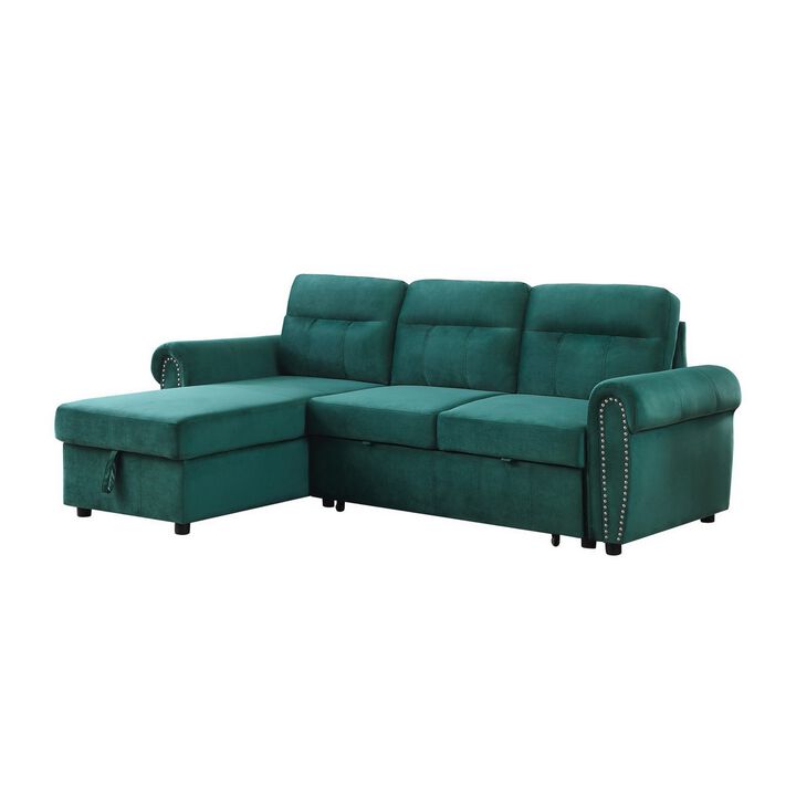 Irma 97 Inch 2 Piece Sectional Sofa, Pull Out Bed, Rolled Arm, Green Velvet-Benzara