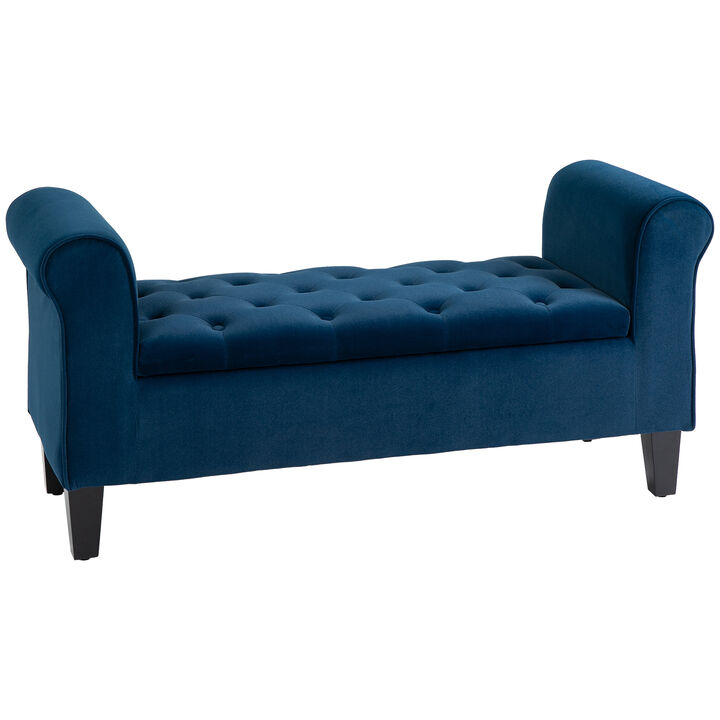 HOMCOM Button-Tufted Storage Ottoman Bench, Upholstered Bench with Rolled Armrests for Living Room or Hallway, Blue