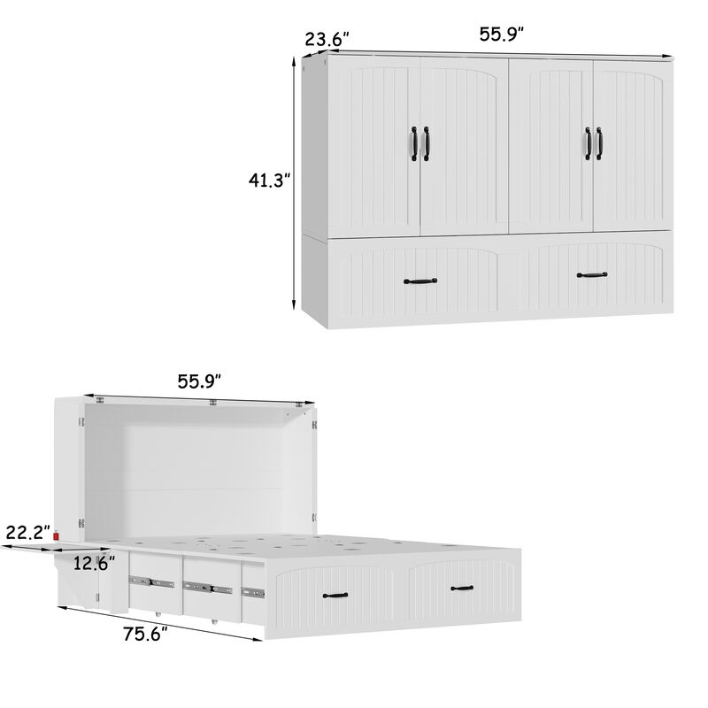FUFU&GAGA Wall-Mounted Murphy Bed with Storage Cabinets and Drawers (75.6" L x 55.9" W x 41.3" H),White