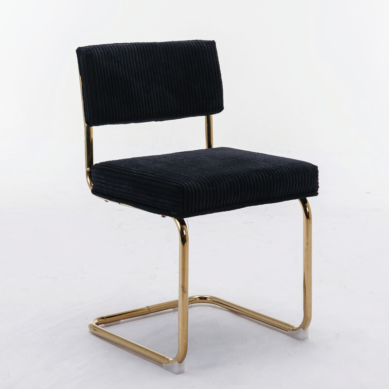 Set of 2 Modern Corduroy Dining Chairs, Gold Metal Base, Channel Tufted Armless Design