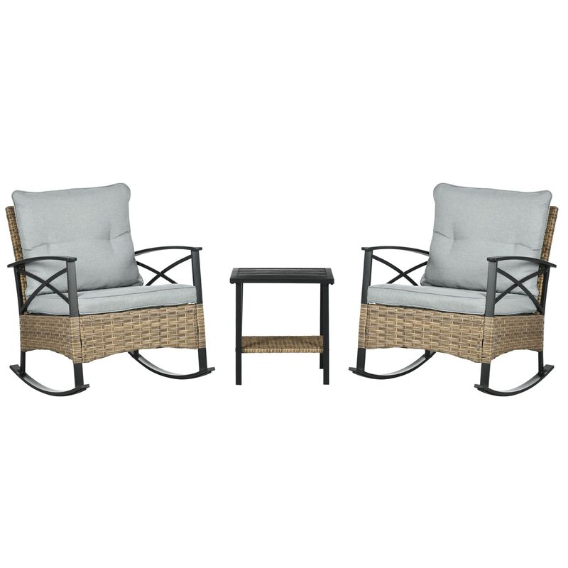 Light Grey Patio Set: 3PC Wicker Rocking Bistro Set with Cushions