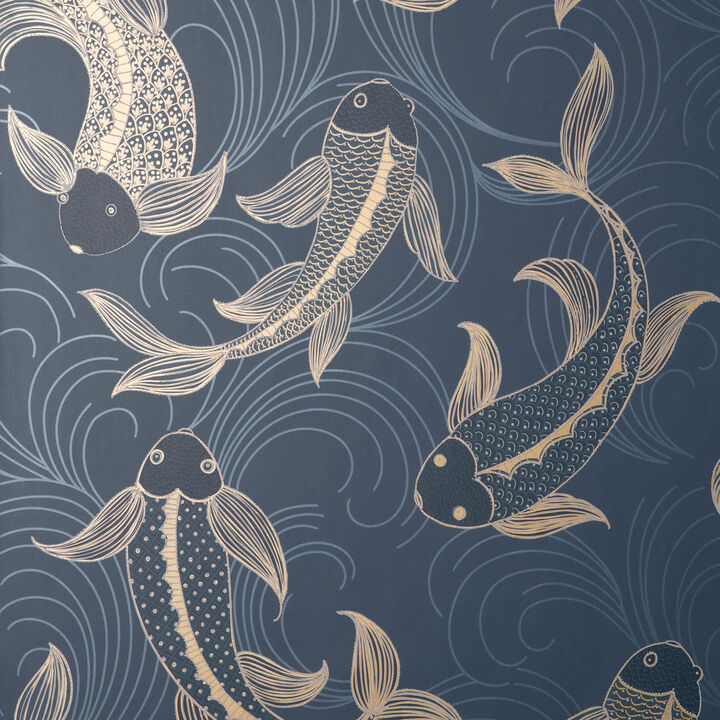 Dashiell Navy Decorative Fish Wallpaper