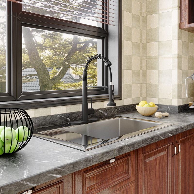 Mondawe 2 Modes Spring Kitchen Sink Faucet with Pull Down Sprayer, Single Handle Sink Faucet RV Kitchen Faucet with Deck Plate