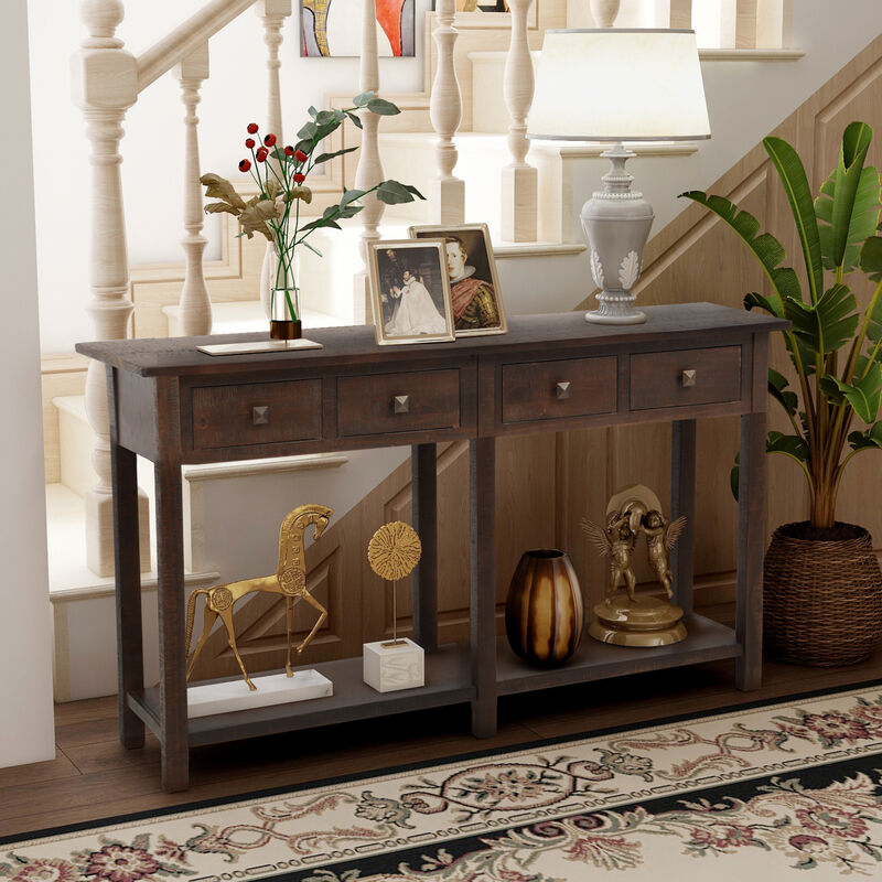 Rustic Brushed Texture Entryway Table Console Table with Drawer and Bottom Shelf for Living Room image number 7