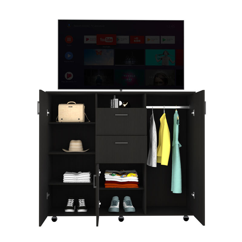 DEPOT E-SHOP Milano 3 Door Cabinet Dresser, Two Drawers, Four Interior Shelves, Rod, Black