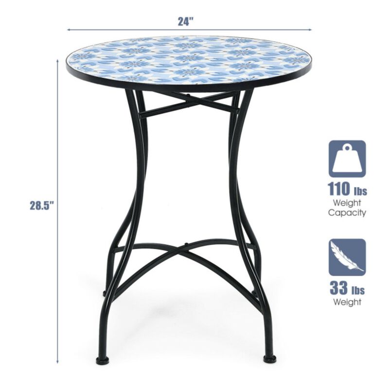 28 Inch Patio Mosaic Bistro Round Table with Blue Floral Pattern