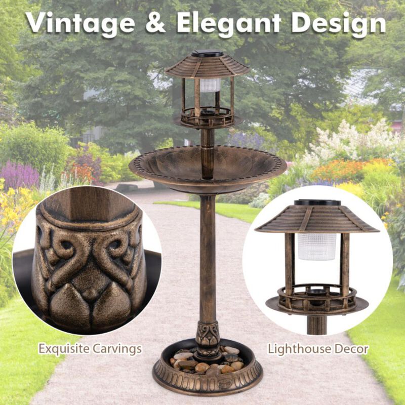 Hivvago Pedestal Bird Bath with Solar Light with Bird Feeder and Flower Planter