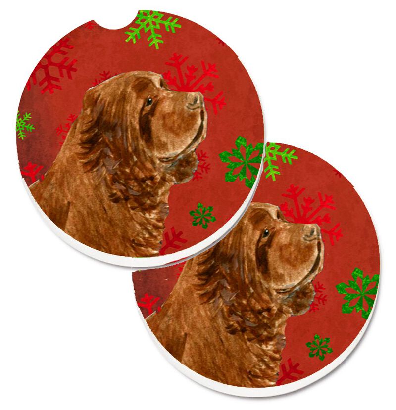 Caroline's Treasures Sussex Spaniel Red green Snowflake Holiday Christmas Set of 2 Cup Holder Car Coasters SS4717CARC, 2.56, Multicolor image number 0