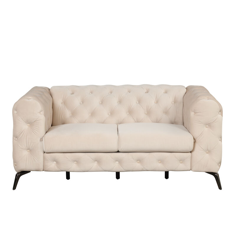 63" Velvet Upholstered Loveseat Sofa, Modern Loveseat Sofa with Button Tufted Back, 2-Person Loveseat Sofa Couch for Living Room, Bedroom, or Small Space, Beige