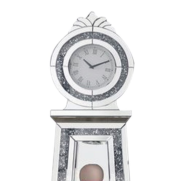 Mirrored Grandfather Clock with 3 Open Compartments, Silver - Benzara