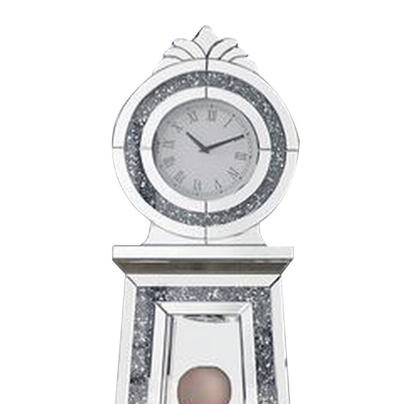 Mirrored Grandfather Clock with 3 Open Compartments, Silver - Benzara
