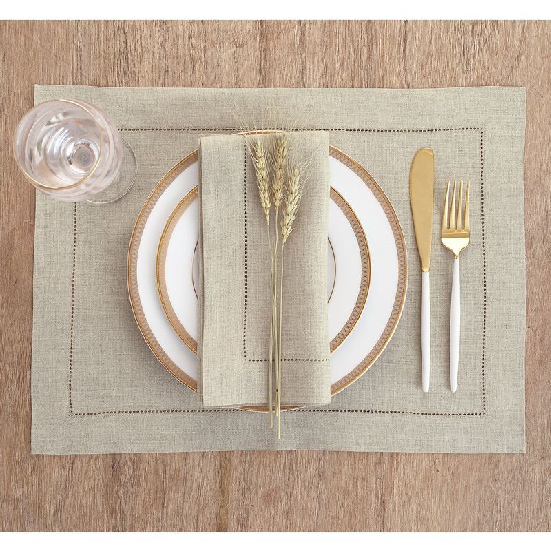 Solino Home Classic Hemstitch 100% Linen Placemats &ndash; Set of 6, 14 x 19 in, Machine Washable, Holiday and Everyday Dining