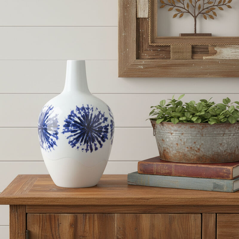 HomeRoots 11" White And Blue Geometric Medallion Ceramic Urn Vase image number 1
