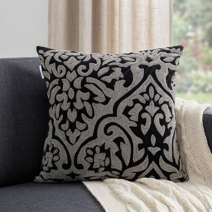HomeRoots 18" Black and Silver Damask Velvet Throw Pillow With Beads