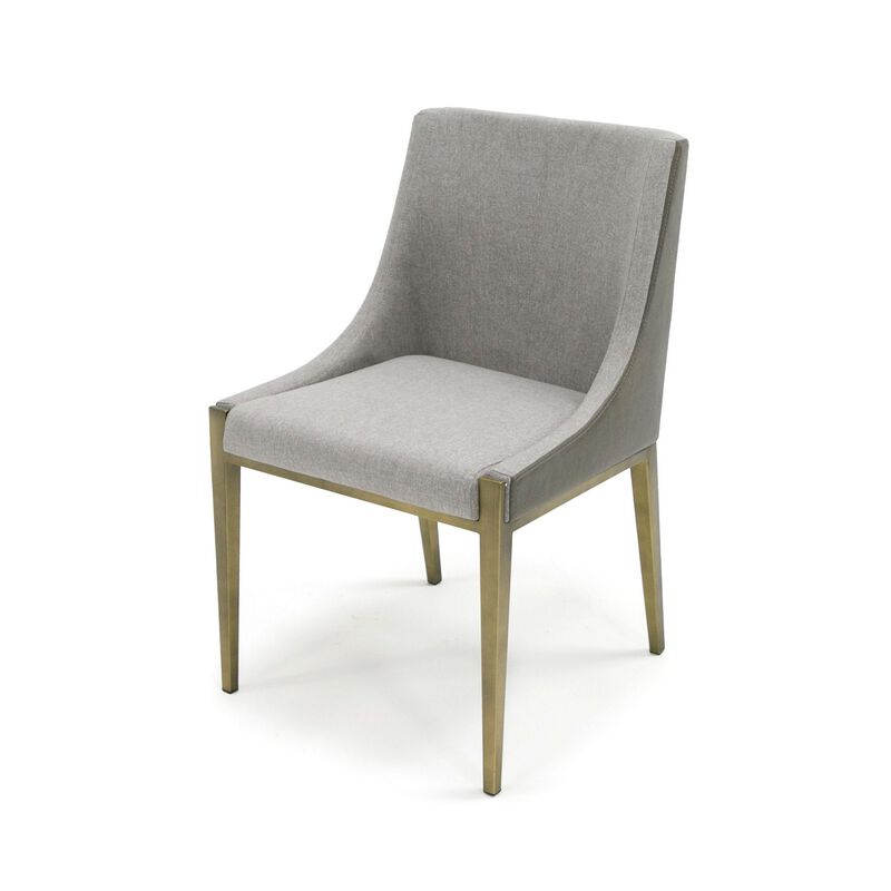 Cid Shyla 21 Inch Dining Chair, Sloped Arms, Gray Faux Leather, Brass Base-Benzara