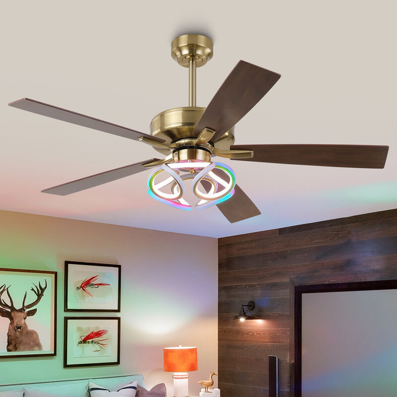 52 in. Modern Gold Dimmable Smart Ceiling Fan with RGB LED and APP Control, Remote