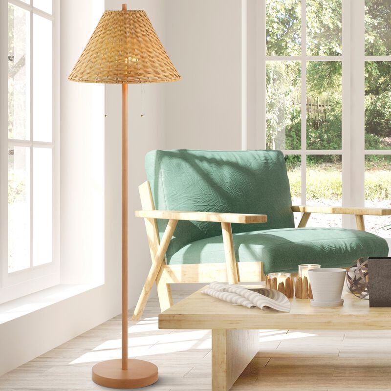 Nando 2-Light Coastal Bohemian Iron/Rattan LED Floor Lamp with Pull-Chain