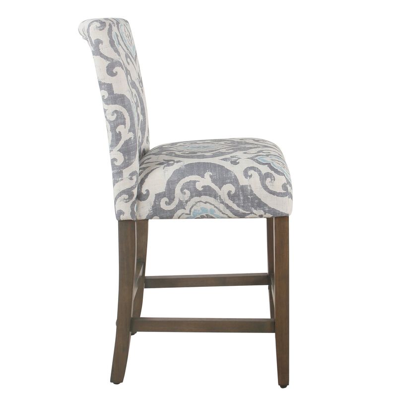 Wooden Counter Height Stool with Damask Pattern Fabric Upholstery, Gray and Blue