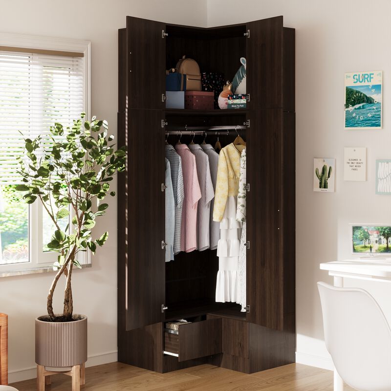 FUFU&GAGA PB Board Corner Storage Cabinet with 2 Drawers & Gold Handles, Space-Saving Design, Dark Brown Finish (35.4 in. W x 35.4 in. D x 94.5 in. H)