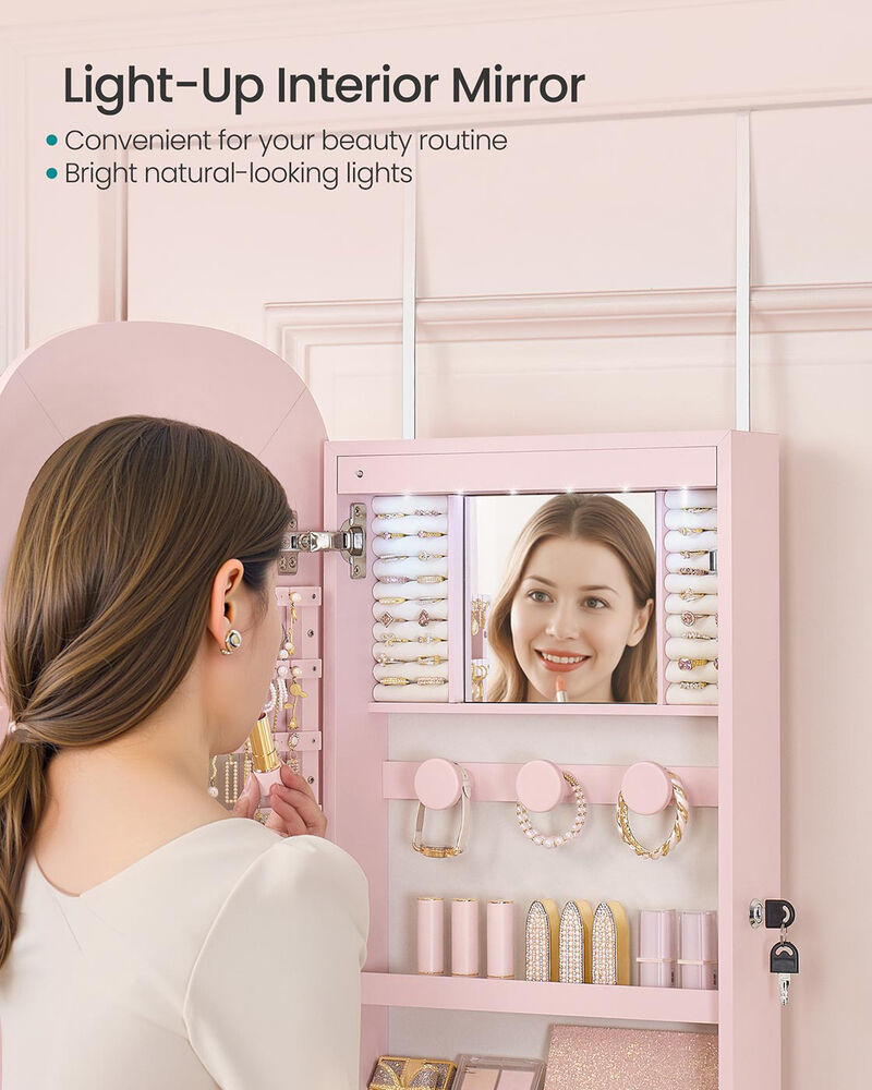 LED Jewelry Armoire Wall Door Mounted Jelly Pink White Lining image number 4