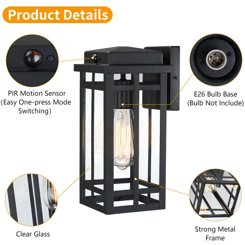 2-Pack 12 in. Modern Black Motion Sensor Outdoor Wall Lanterns with Clear Glass image number 3