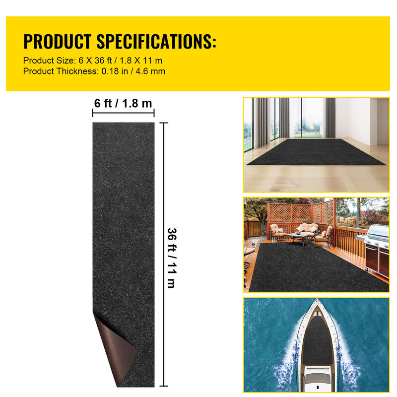 VEVOR Bass Boat Carpet Cutpile Marine Carpet 5.9 x 36 ft Charcoal Black In/Outdoor image number 6