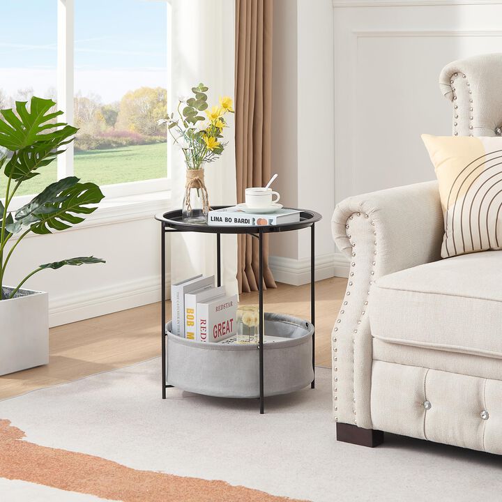 VECELO Round Side/End Table with Fabric Storage Basket