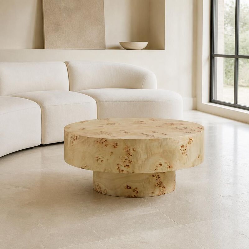 GOODSILO Round Mid-Century Modern Coffee Table with Burl Wood Veneer and Sturdy Pedestal for Small Living Spaces, Apartments and Home Offices image number 3