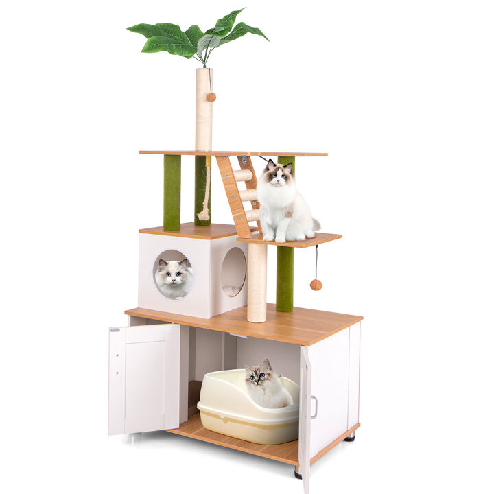 Hidden Cat Washroom Cabinet with Built-In Tower and Play Area for Indoor Cats