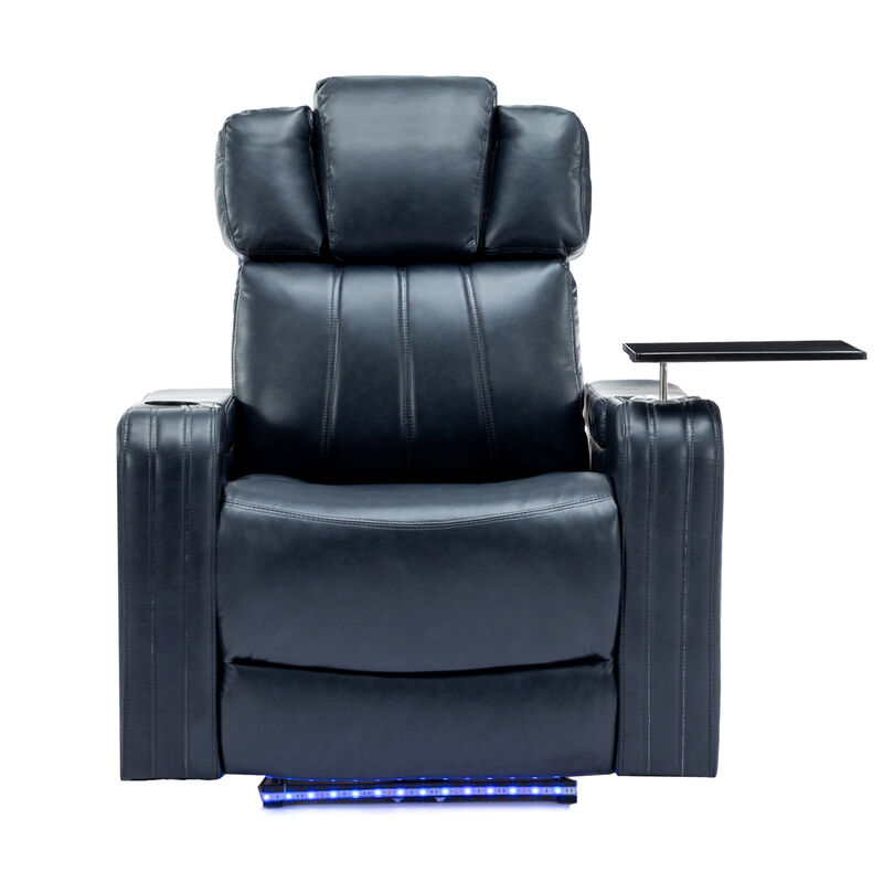 Whisen PU Leather Power Recliner with Cup Holder, Bluetooth Speaker, LED Lights, USB Ports, Tray Table and Arm Storage