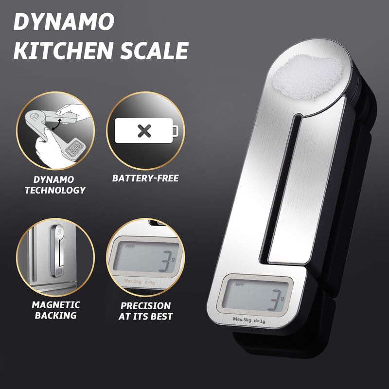 Battery-Free Technology Kitchen Scale, Dynamo Food Scale for Kitchen, Food Weight Scale up to 11 Pounds