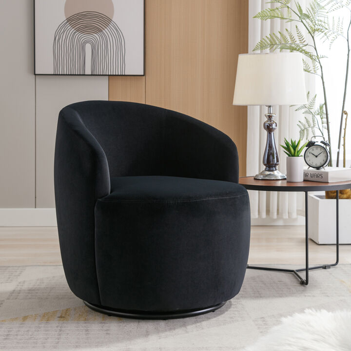 Velvet Fabric Swivel Accent Armchair Barrel Chair With Black Powder Coating Metal Ring,Black